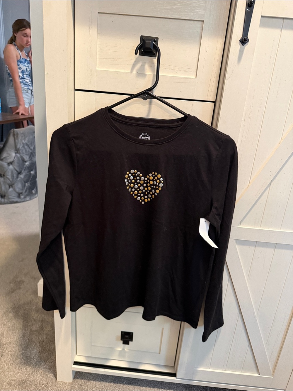 Girls' Black Long-Sleeve Top with Heart Stud Detail